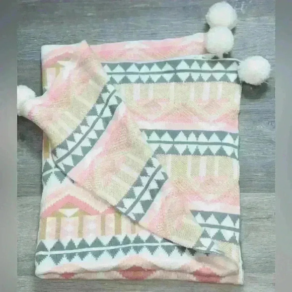 Pottery Barn Blanket Kids Emily Meritt Throw Pink Gold Gray White Pom Pom 30x40” - Picture 2 of 5